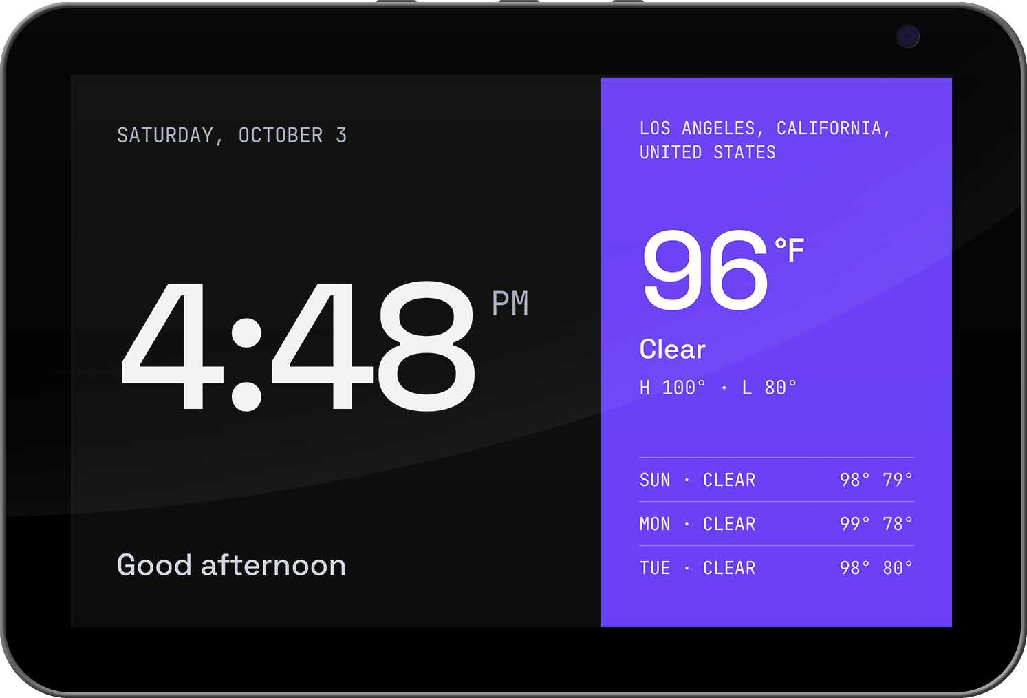 An Echo Show 8 running ShowRunner: a large clock, date and greeting on black beside a violet panel with the current temperature, conditions and a three-day forecast.